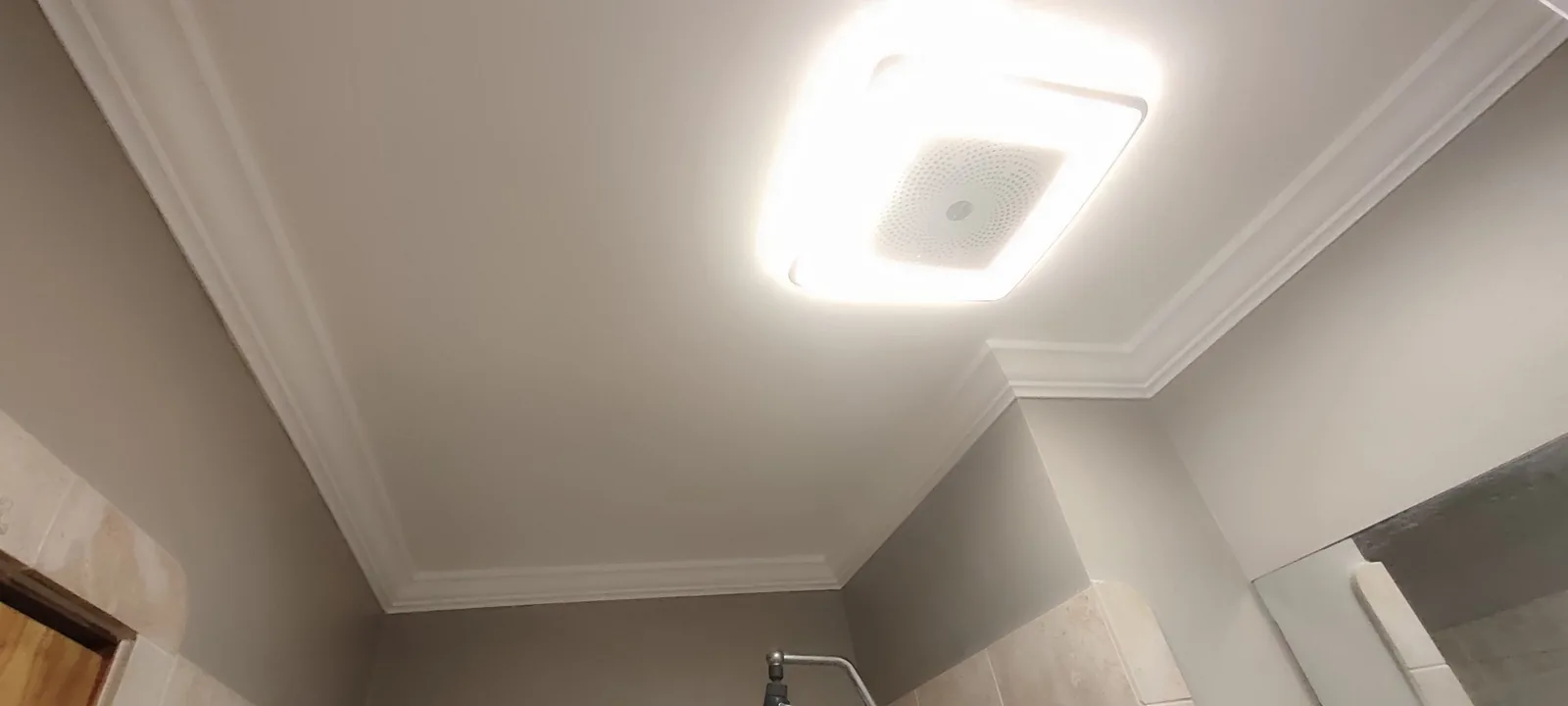 Bathroom exhaust fan with integrated light installed after the ceiling repair was completed