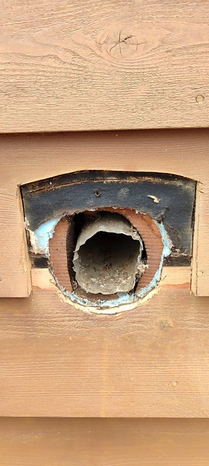 Exterior siding opening trimmed around the bathroom exhaust duct before final vent cover installation