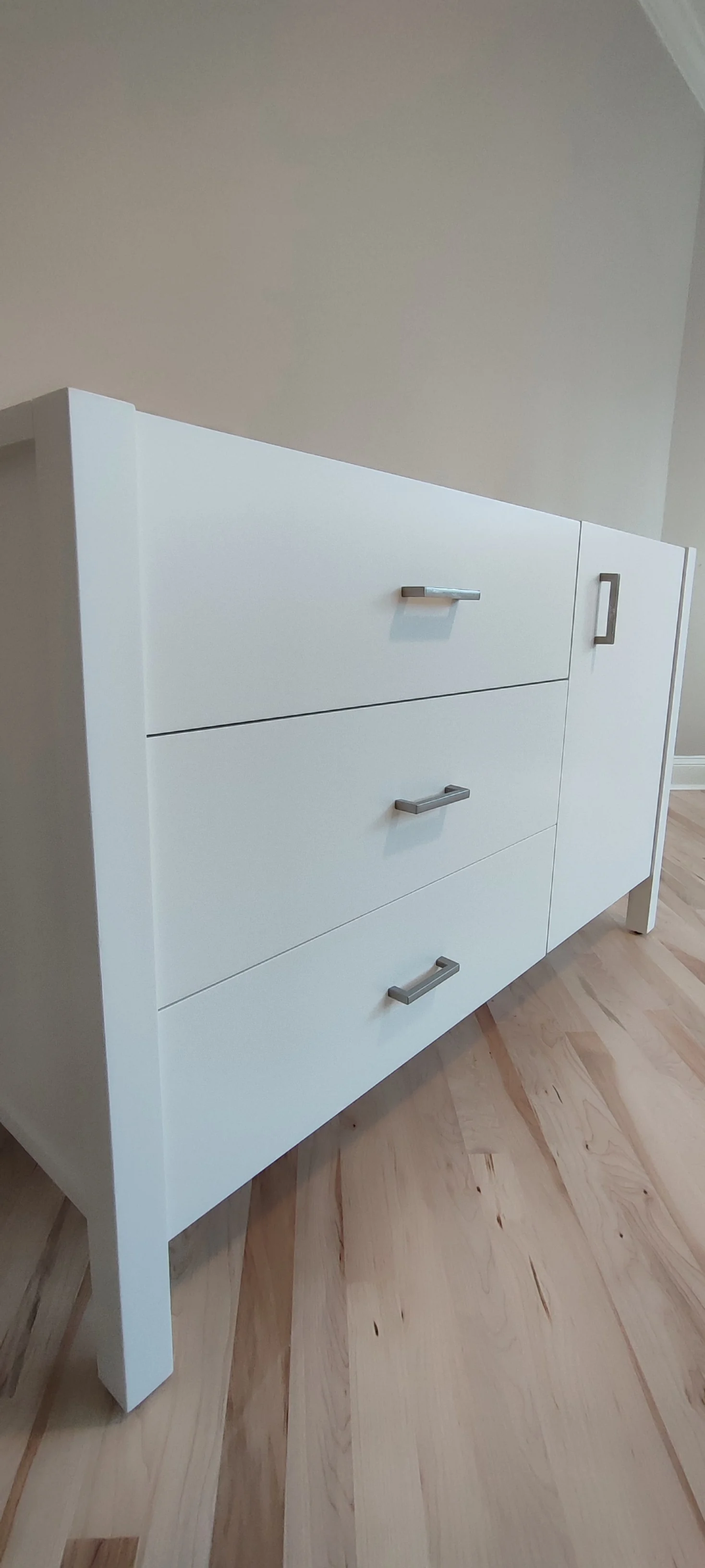 Side angle of the finished white dresser