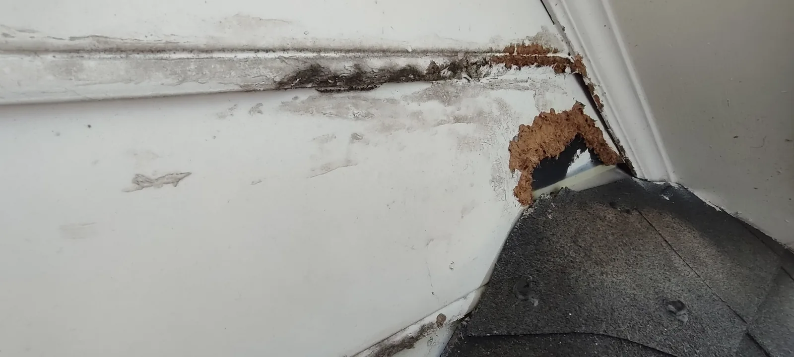 Damaged siding panel and roof intersection before the custom exterior repair