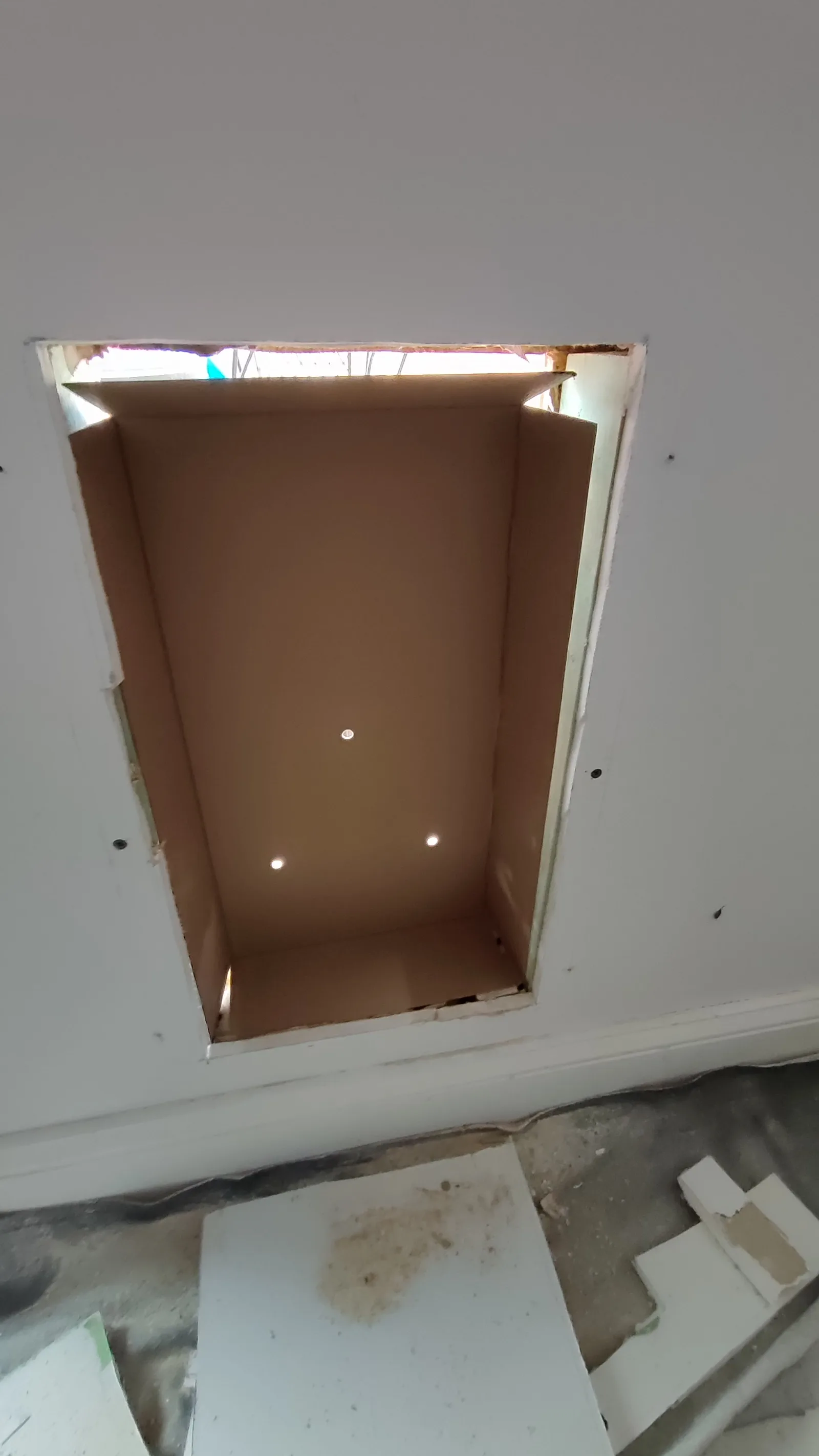 Wall opening prepared for a pet door installation, interior view.