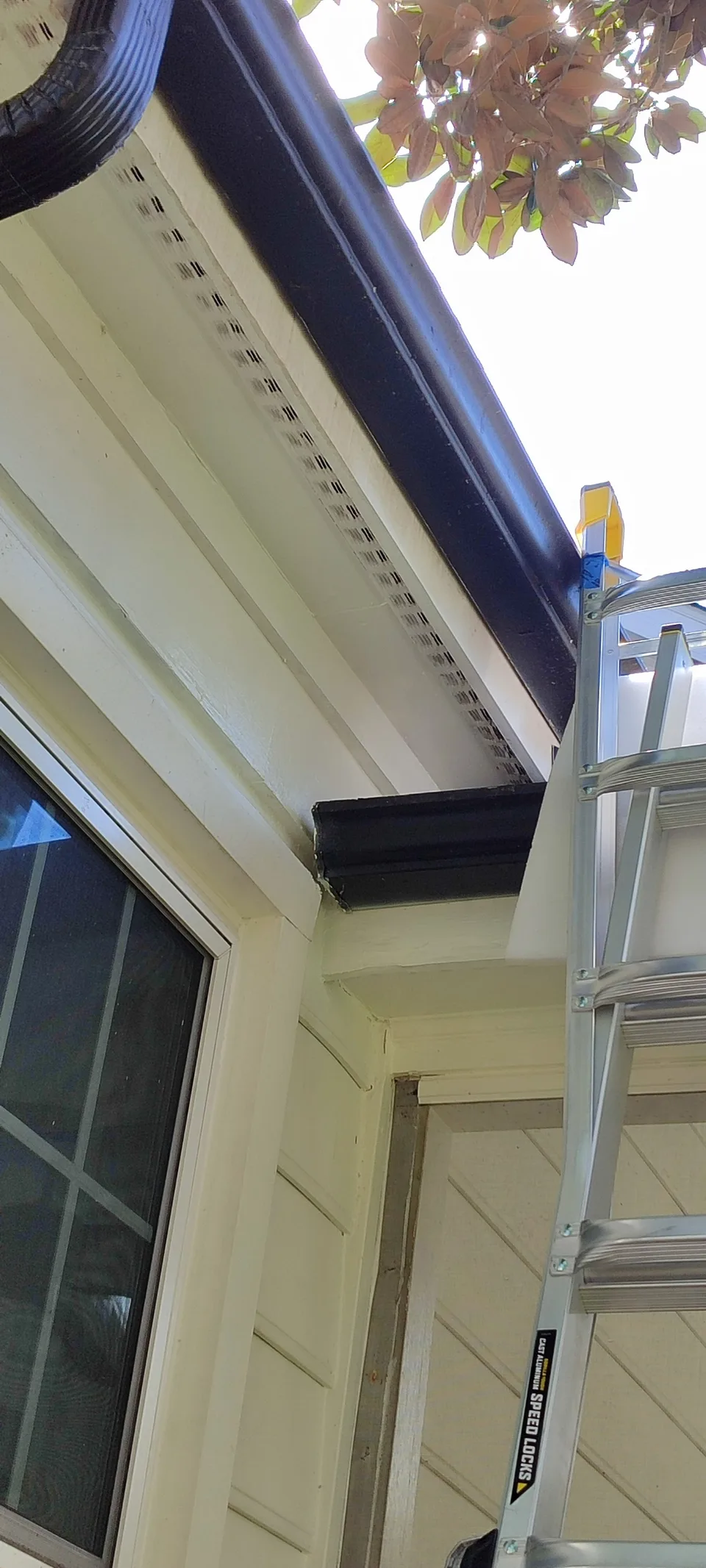 Restored soffit and fascia at the house corner, viewed from below.