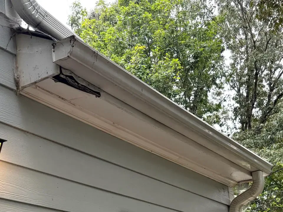 Damaged soffit and fascia section before repair.
