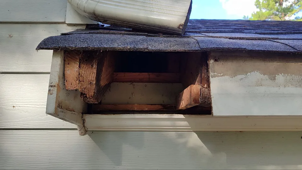 Damaged wood inside the roof edge after exterior trim removal.